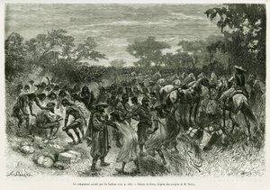 Le camp envahi par les Indiens. Gravure pour illustrer l