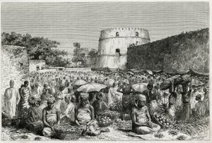 Le marché aux fruits de Zanzibar (Tanzanie). Gravure de Riou, pour illustrer le récit « Voyage au Benadir, les Omalis et le Bayoun », en 1882-1883, par M.G.Revoil. Publié dans Le Tour du monde, nouveau journal des voyages - Edouard Riou