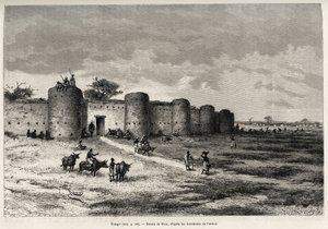 La ville de Tiong-Gi (Tiong Gi, Mali), avec ses fortifications et ses tours en argile. Gravure pour illustrer l