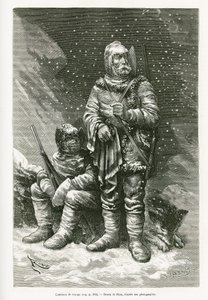 La tenue de voyage du lieutenant Payer et du lieutenant Weyprecht, plusieurs épaisseurs de vêtements pour lutter contre les bourrasques de neige, une veste en cuir rétractable pour protéger le visage du gel, des bottes et des mitaines en voile et flanelle  - Edouard Riou