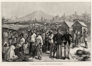 La promenade au Café Pager Alam (Malaisie). Gravure par Riou pour illustrer l