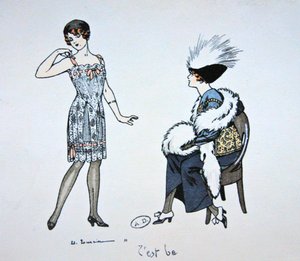 Mannequin montrant une combinaison à un client, c.1912
