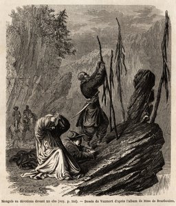 Les Mongols en dévotion à un obo, près des montagnes Bakka et Mongolie, dessin de Vaumort (? -1886) pour illustrer le voyage de Shanghai à Moscou, de 1859 à 1862, de M. de Bourboulon, ministre français en Chine. Gravure dans « Le tour du monde », édité par - Edouard Vaumort
