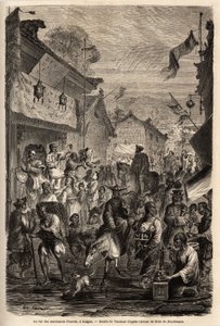 La rue des marchands de vêtements, Kalgan, Mongolie. Dessin de Vaumort (? -1886), pour illustrer le voyage de Shanghai à Moscou, de 1859 à 1862, de M. de Bourboulon, ministre français en Chine. Gravure dans "Le tour du monde", édité par Edouard Charton - Edouard Vaumort