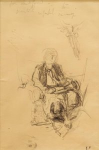 Madame Bénard assise avec étude dessinée de son foulard