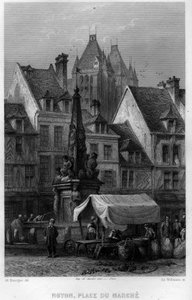Place du marché de la ville de Noyon, Oise, Picardie, France. Gravure par Willmann dans « La France ancienne et moderne » de Jean-Bernard Mary-Lafon - Edouard Willmann