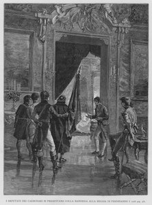 Les députés des Carbonari se présentent avec le drapeau au palais de Ferdinand Ier (gravure)