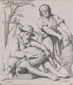 Deux hommes tondant des moutons - Eduard Julius Friedrich Bendemann