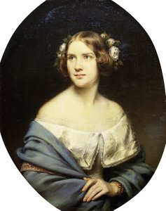 Portrait de Jenny Lind, debout à mi-longueur dans une robe blanche et un châle bleu clair - Eduard Magnus