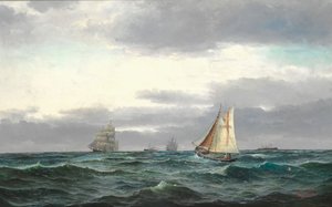 Marine avec plusieurs navires, nuages gris pluvieux et un peu de ciel bleu