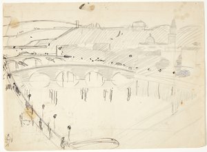Vue depuis une fenêtre sur Lungarno vers la rivière et les hauteurs de Santo Spirito et San Miniato, Florence - Edvard Weie