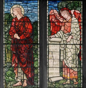 Birmingham, Acocks Green, Sainte Marie la Vierge, Morris & Co., Edward Burne-Jones, John Henry Dearle, Saint Jean et Ange avec un parchemin - Edward Coley and Dearle Burne Jones