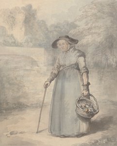 Vieille dame avec un panier de fleurs