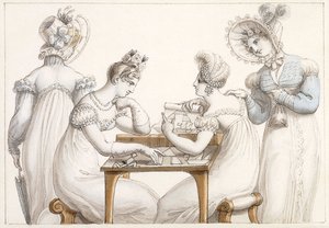 Dames découpant des silhouettes et dames conversant dans un intérieur