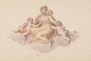 Mère et enfants assis sur un nuage