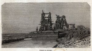 Dragues sur le canal de Suez, dessin de Grenet, pour illustrer une excursion au canal de Suez en 1862 par Paul Merruau. Gravure dans « Le tour du monde », édité par Edouard Charton - Edward Grenet