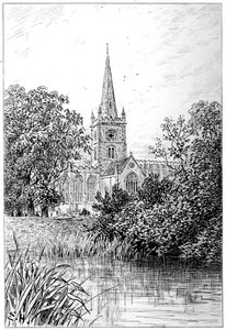 Église de Stratford vue depuis la rivière, Stratford-upon-Avon, Warwickshire, 1885 - Edward Hull