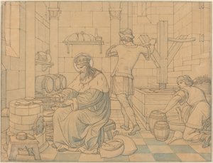 Saint Wenzel cuisinant des hosties tandis que deux jeunes pressent du vin - Edward Jakob von Steinle