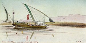 Étude de gyassi (bateau égyptien), sur le Nil près de Ballas (Égypte). Dessin aquarelle coloré - Edward Lear
