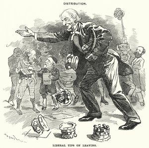 Caricature de Punch : Distribution. Conseils libéraux au départ (gravure) - Edward Linley (after) Sambourne