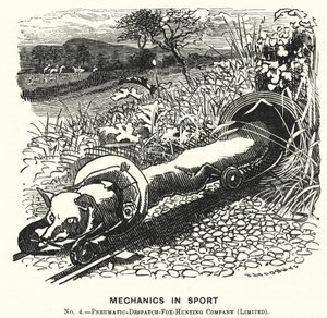 Caricature de Punch : Mécanique dans le sport. No 4. - Compagnie de chasse au renard par envoi pneumatique (Limitée)
