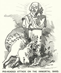 Caricature de Punch : Attaque bornée contre le Barde immortel - la théorie selon laquelle les pièces de William Shakespeare ont été écrites par Sir Francis Bacon - Edward Linley (after) Sambourne
