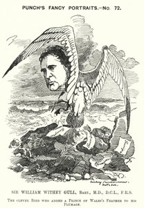 Caricature de Sir William Withey Gull, médecin anglais qui a traité le prince de Galles pour la typhoïde et est devenu médecin ordinaire de la reine Victoria (gravure) - Edward Linley (after) Sambourne