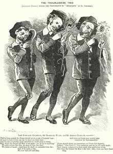 Caricature du Trio Ennuyeux : Lord Randolph Churchill, Henry Drummond Wolff et Ellis Ashmead-Bartlett, hommes politiques conservateurs britanniques (gravure) - Edward Linley (after) Sambourne