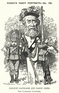 Caricature de Punch : Thomas Heron Jones, 7e vicomte Ranelagh et baron Jones de Navan, promoteur du mouvement des volontaires pour l
