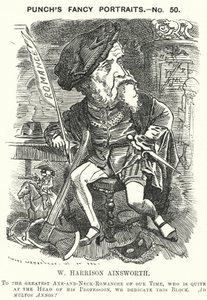 Caricature de Punch : William Harrison Ainsworth, romancier historique anglais (gravure) - Edward Linley (after) Sambourne