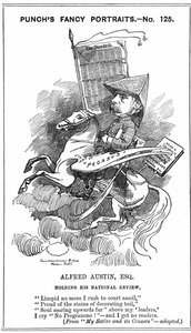 Alfred Austin (1835-1913) poète lauréat britannique à partir de 1896. Caricature par Edward Linley Sambourne (1844-1910) dans la série Fancy Portraits dans Punch, Londres, 3 mars 1883, lorsque Austin est devenu rédacteur en chef de National Review. Gravure - Edward Linley Sambourne