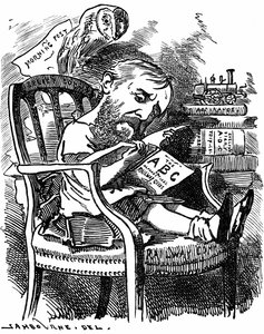 Evelyn Ashley (1836-1907) auteur anglais et homme politique libéral : fils du 7e comte de Shaftesbury. Caricature par Edward Linley Sambourne dans la série Fancy Portraits de Punch Londres avril 1881 lorsque Ashley était sous-secrétaire au Board of Trade.