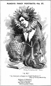 Oscar Wilde (1854-1900) dramaturge, romancier, poète et esprit irlandais. Caricature par Edward Linley Sambourne de sa série 