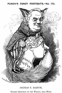 Phineas Taylor Barnum (1810-1891) showman américain : co-fondateur du cirque Barnum et Bailey. Caricature d