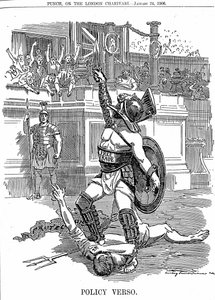 Avec le retour du gouvernement libéral en Grande-Bretagne, décembre 1905, le libre-échange était la politique, plutôt que la politique conservatrice de protection par tarif. Caricature d