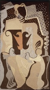 Une tapisserie représentant une femme assise avec une colombe sur les genoux.