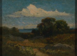 Paysage (arbres et rochers au bord du lac)