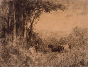 Paysage avec vaches et personnages se déplaçant dans le pâturage