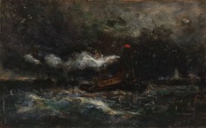 Squall, Brenton Light (bateau dans la tempête, phare en arrière-plan) - Edward Mitchell Bannister