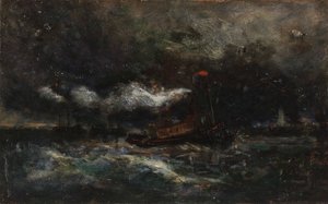 Tempête, bateau-phare de Brenton dans la tempête, phare en arrière-plan - Edward Mitchell Bannister
