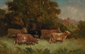 Sans titre (cinq vaches dans un pâturage, toit en arrière-plan)