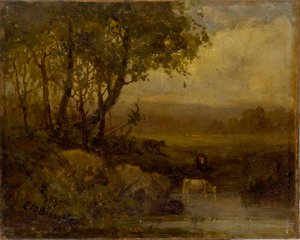 Sans titre (paysage, berge, trois vaches)