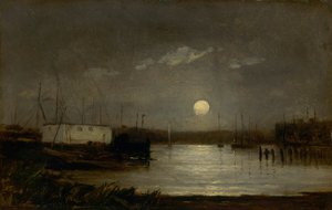 Sans titre (lune sur un port, scène de quai avec pleine lune et mâts de bateaux)