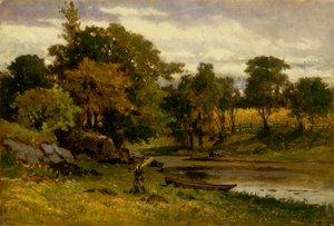Paysage sans titre, bateau amarré près du ruisseau, homme marchant au premier plan - Edward Mitchell Bannister
