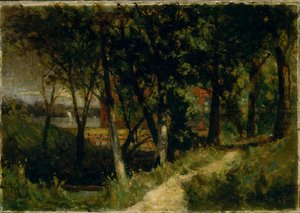 Paysage sans titre, scène de forêt avec clôture rouge et bâtiment - Edward Mitchell Bannister