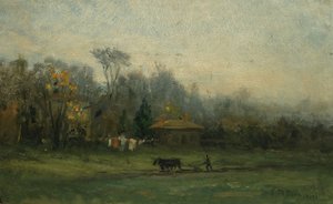 Paysage sans titre avec homme labourant les champs - Edward Mitchell Bannister