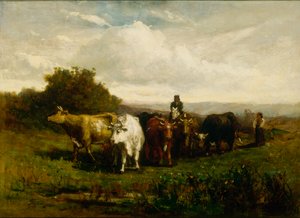 Sans titre homme à cheval, femme à pied conduisant du bétail, 1880
