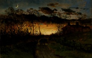 Coucher de soleil sans titre avec quart de lune et ferme, 1883