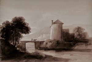 Paysage avec homme et vache sur un pont