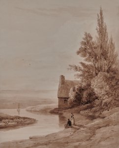 Paysage aquatique avec personnages et un petit bateau